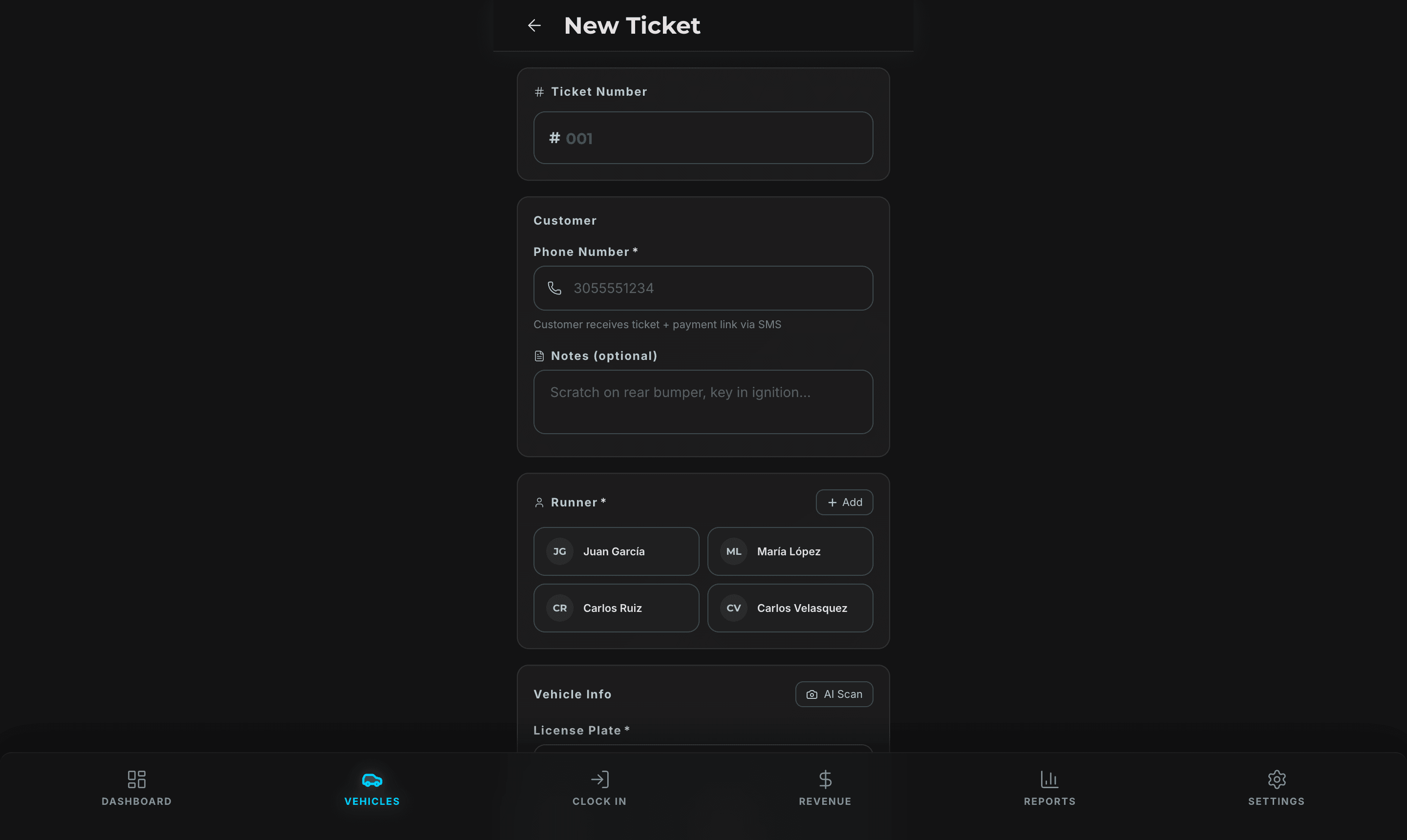 Digital check-in — new ticket form