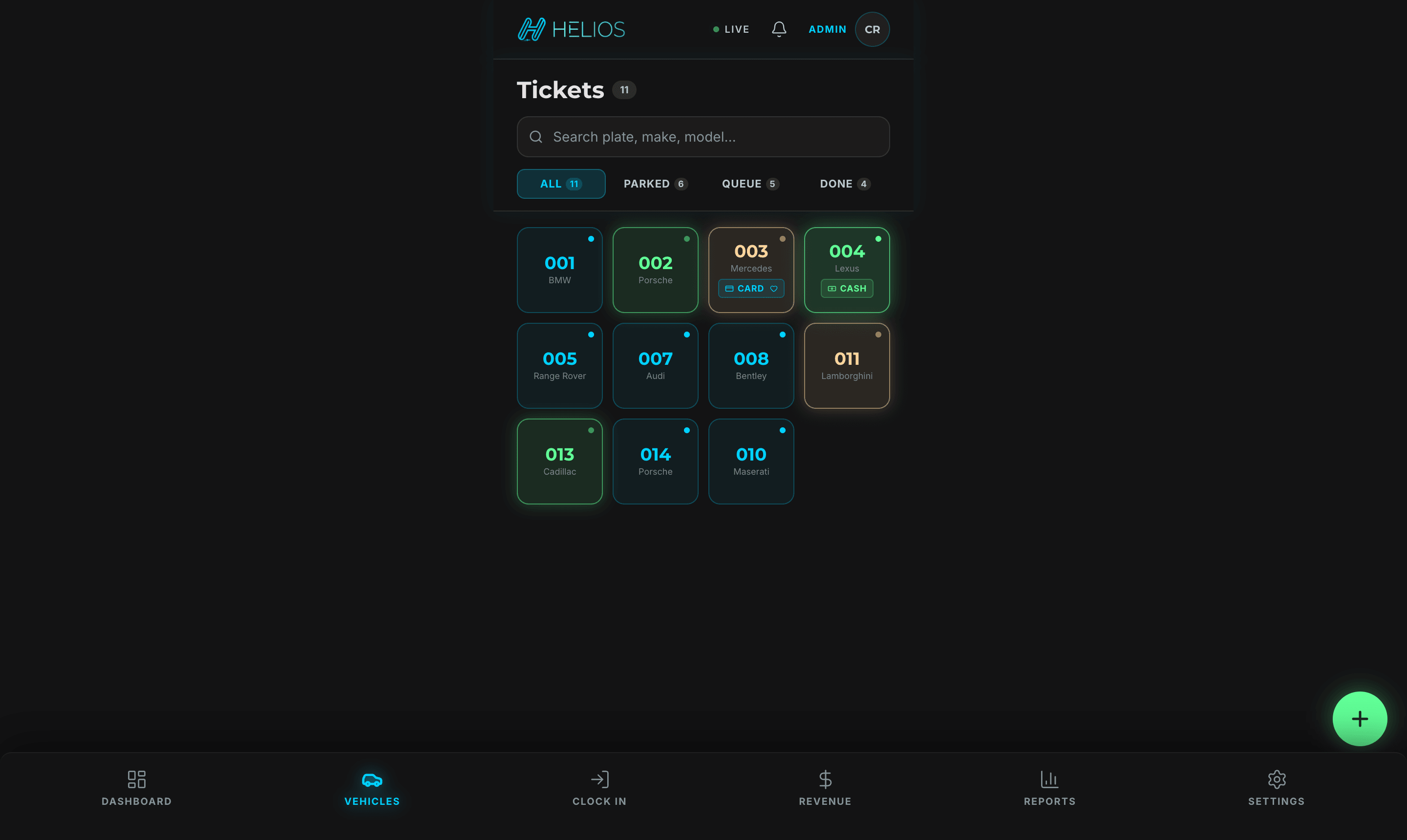 Live ticket board — all active vehicles